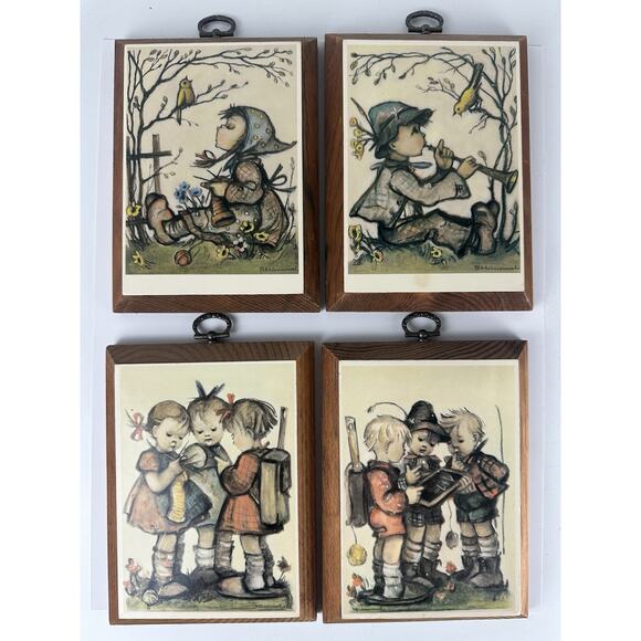 Vintage Hummel Mini Prints Wood Frame Art Pictures Retro Set Of 4 - Picture 1 of 9